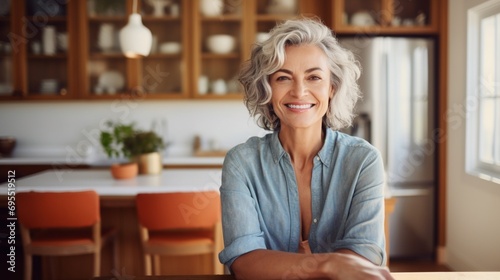 Mature middle aged housewife with gray hair and brown eyes posing indoors in her modern clean stylish kitchen interior, hand on table, relax and smile joyfully looking at the camera, copy space.