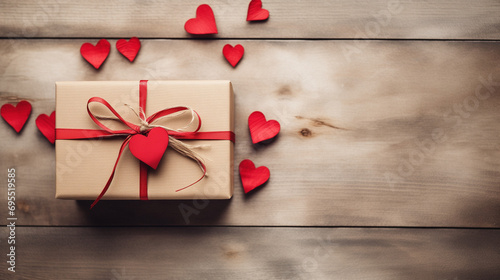 Valentines Day Rustic Gift Box with Red Hearts & Rustic Wood Background, For Banner or Card