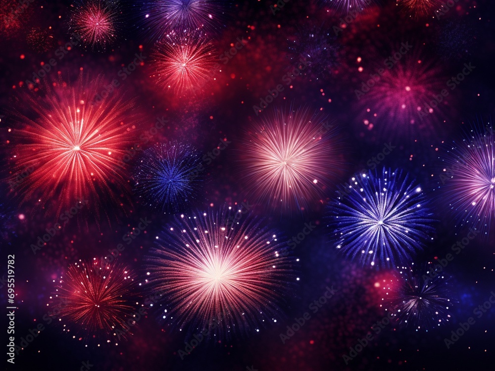 Colorful fireworks on dark night sky background. New Year and Christmas concept.