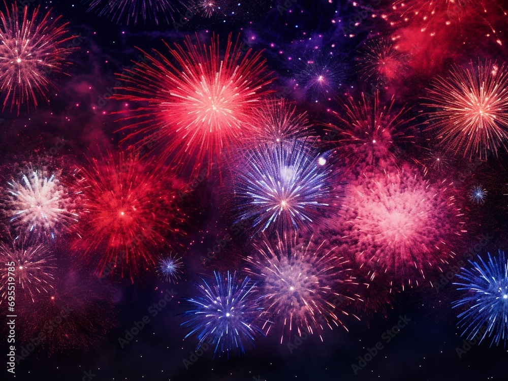 Colorful fireworks on dark night sky background. New Year and Christmas concept.