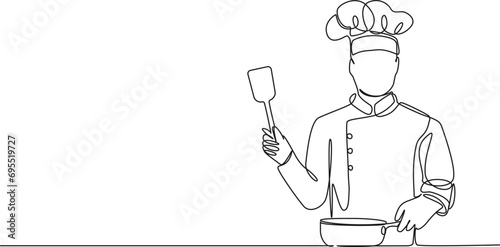 continuous single line drawing of chef with frying pan and spatula, line art vector illustration photo