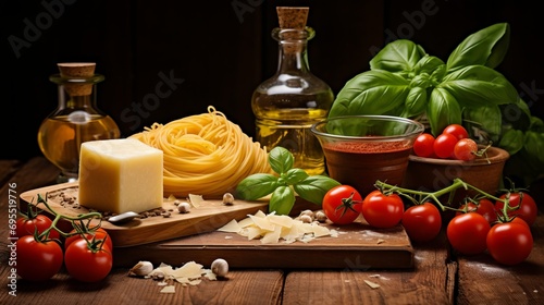 Photo of raw pasta, tomatoes, cheese, garlic, olive oil, basil on wooden cutting board on dark table. Food, kitchen, cooking, dinner, Italian restaurant concept.