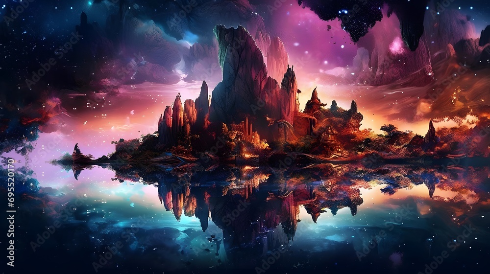 Alien Planet with Reflection in Water. 3D Illustration.