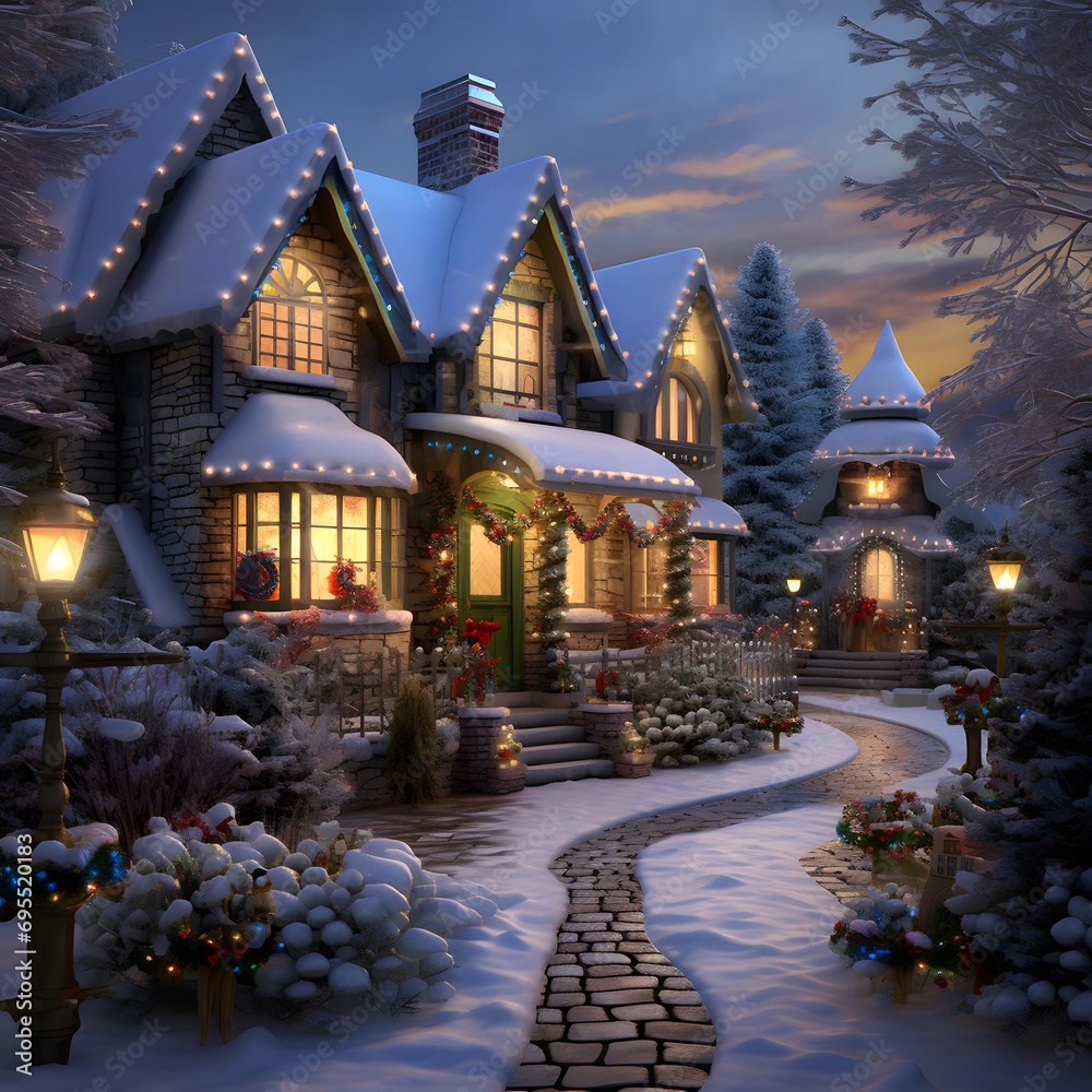 Christmas cottage in the snow at night, 3d rendering. Computer digital drawing.