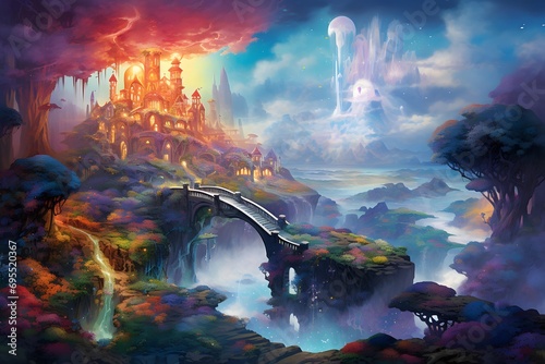 Fantasy landscape with a bridge over the river. Digital painting.