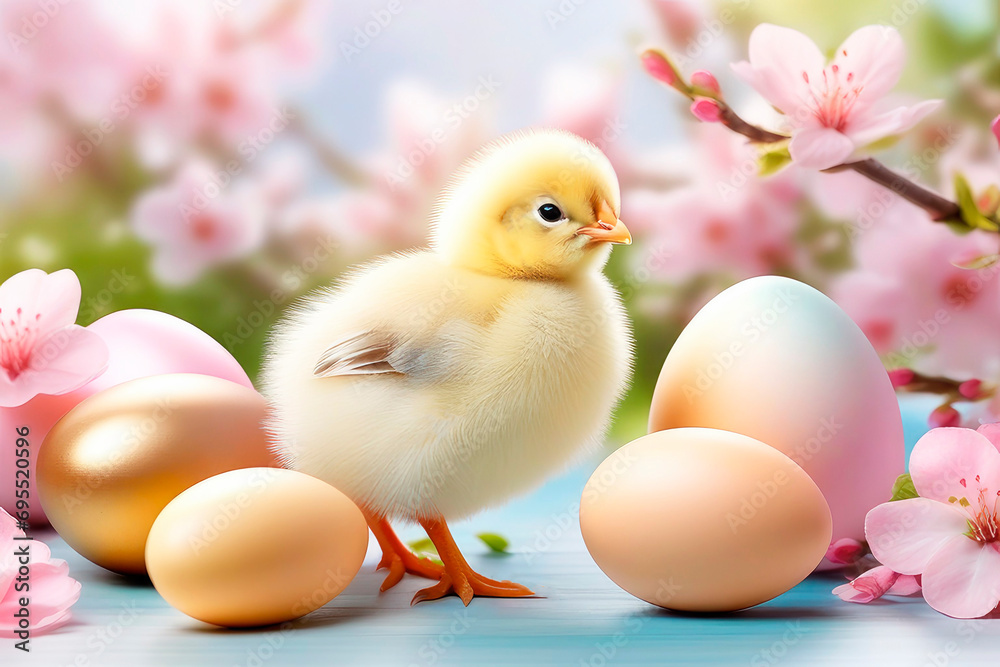 Easter holiday concept, composition with a small spring chicks and eggs on a cherry blossoms background.