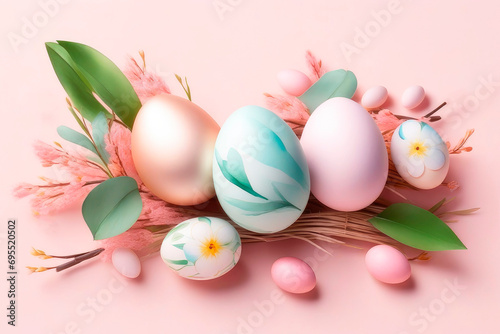 Easter holiday concept. Flat lay easter composition with a willow branch and eggs on a pink background.