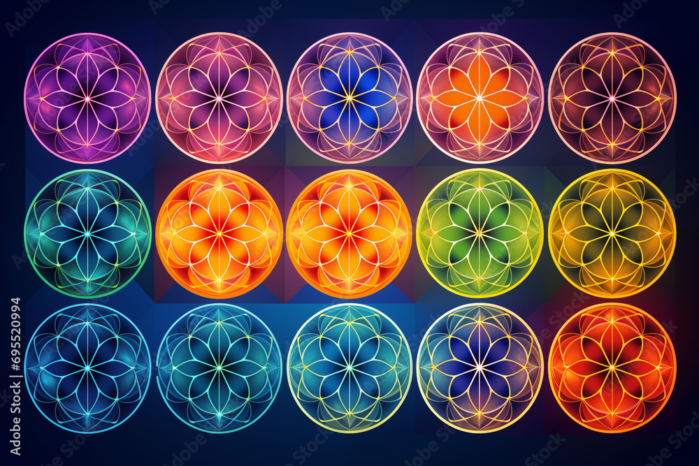 Sacred geometry patterns in vibrant colors, with room for mystical meanings