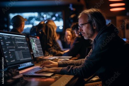 Film editors editing movie scenes, with room for post-production insights photo