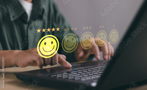 Concept of customer experience Best service reviews for satisfaction ,Customers expressed excellent five star positive feedback ratings. The best products and services on laptop computer
