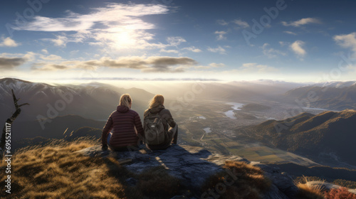 A couple enjoying a scenic view from a mountain top. © Denis Bayrak