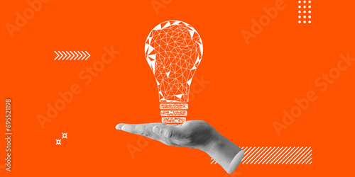 Innovation, illuminating of creativity. Hand holds a schematic light bulb. minimalist art collage photo