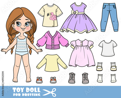 Cartoon long hair braided girl and clothes separately -  dresses, t-shirts,jacket, jeans and sneakers doll for dressing