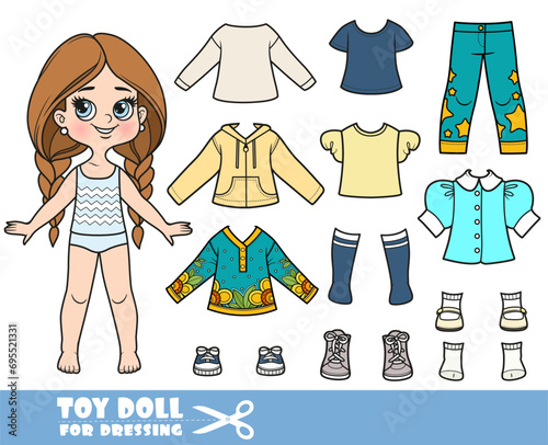 Cartoon long hair braided girl and clothes separately -  shirt, tunic, jacket, high socks, elegant blouse, jeans with stars and sneakers doll for dressing