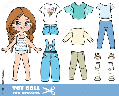 Cartoon long hair braided girl and clothes separately -  long sleeves, shirt, denim overalls, short shorts,jeans and sneakers