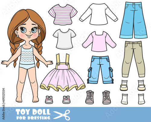 Cartoon long hair braided girl and clothes separately -  strappy skirt, striped T-shirt, long sleeves, shirt, jeans and sneakers doll for dressing