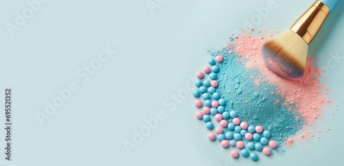 Makeup brush and decorative cosmetics pastel tones on color background, with empty space for text. Minimal style. photo