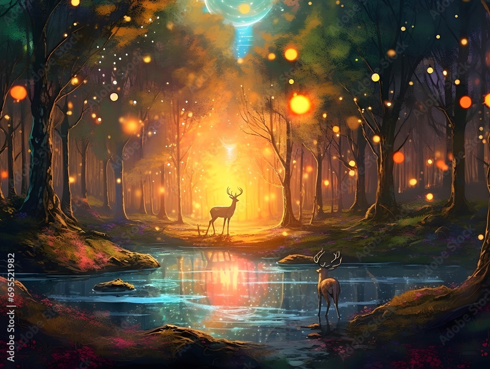 Fantasy forest with deer and moon. Digital painting. Illustration.