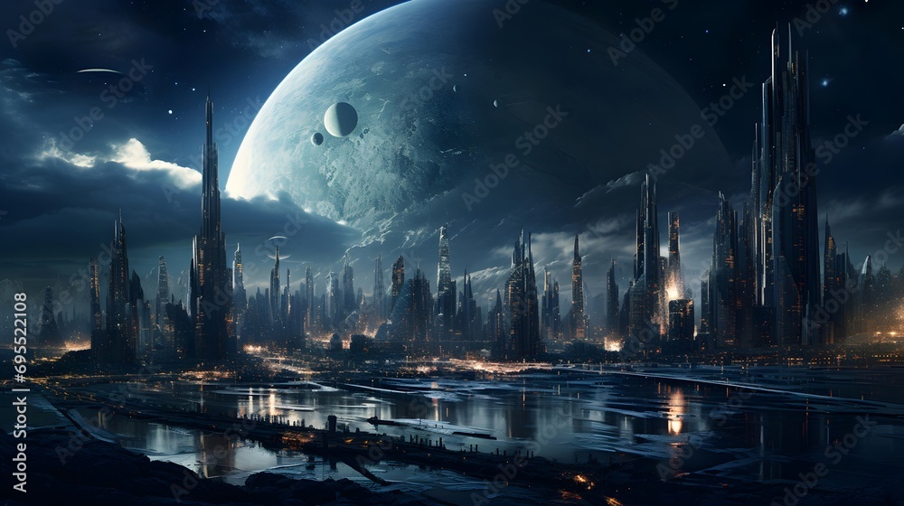 Fantasy landscape with planet and city at night. 3d rendering
