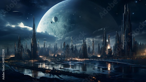 Fantasy landscape with planet and city at night. 3d rendering © Iman