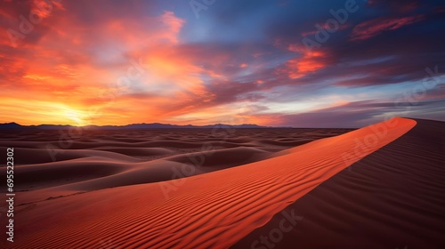 Sunset in the desert with sand dunes. 3d rendering