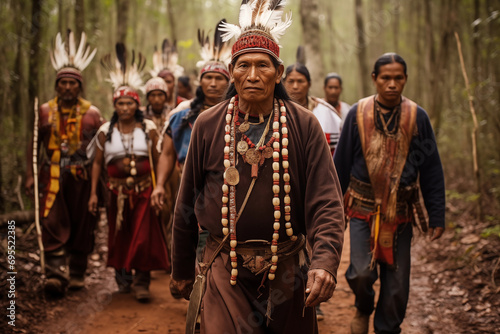 Shamanic practitioners in ceremonial attire, leaving space for shamanic practices