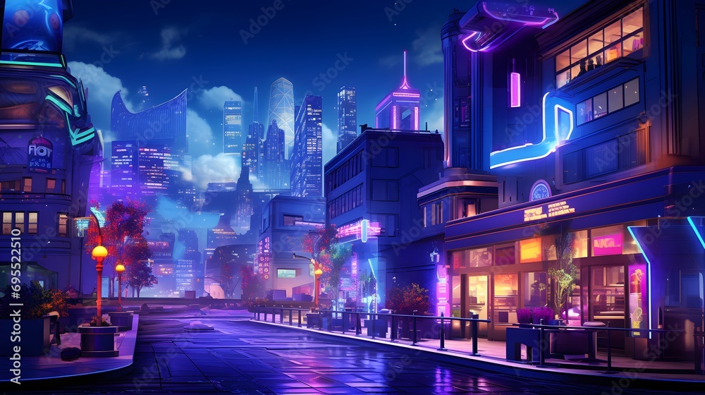 Night city panorama with street lights and skyscrapers. 3d rendering