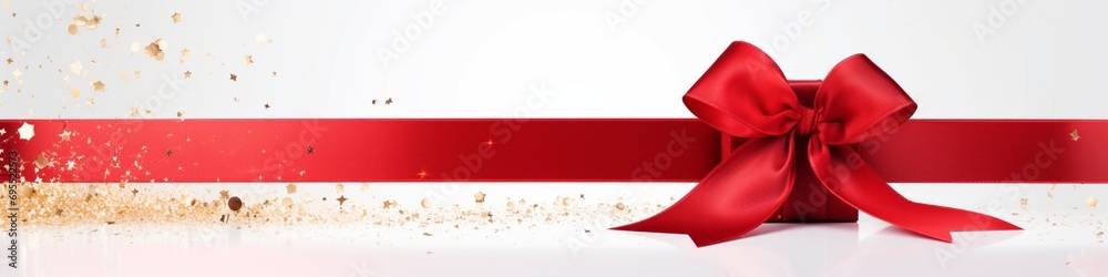 A luxurious gift box featuring a radiant red ribbon bow, positioned against a clean backdrop, providing a sizable area for your personalized message or greetings.