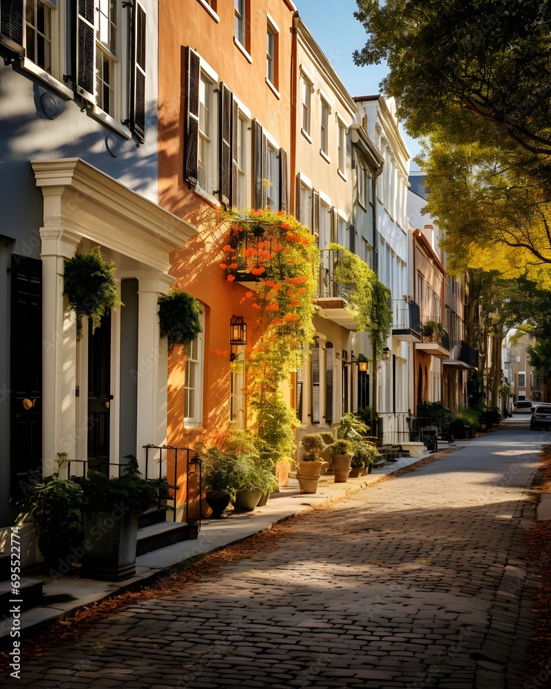 Historic buildings along a narrow street in Washington DC, USA.