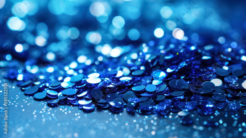 Glitter texture of blue sparkles laying on the table. Many blue peaces of sequins for dress and decorations. High quality photo