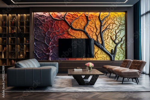 Modern living room featuring a 3D intricate colorful tree pattern on the wall, with a sleek, built-in media console. photo