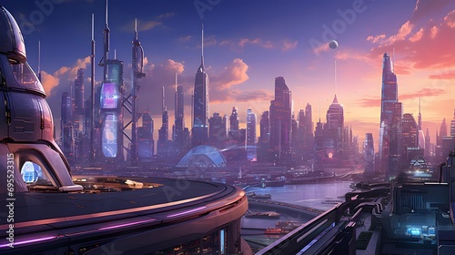 Futuristic city panorama with skyscrapers and high-rise buildings