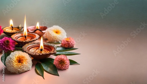 happy diwali burning diya oil lamps and flowers on a pastel background traditional indian festival of light celebration of a religious holiday copy space