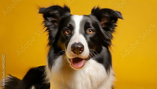 black and white border collie dog on yellow background © Adrian
