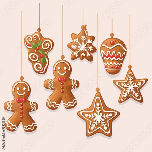 Vector hanging gingerbread cookies decoration isolated