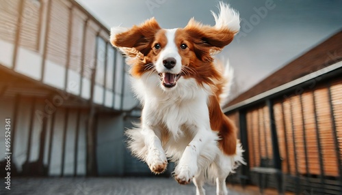 kooikerhondje dog jumping standing up happy on background generative ai