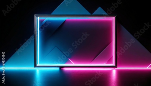 parallelogram rectangle picture frame with two tone neon color shade motion graphic on black background blue and pink light for overlay element 3d illustration rendering wallpaper backdrop photo