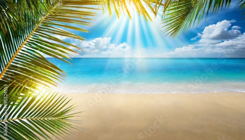 summer background with frame nature of tropical golden beach with rays of sun light and leaf palm golden sand beach close up sea water blue sky white clouds copy space summer vacation concept