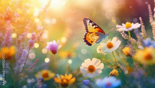 summer wild flowers and fly butterfly in a meadow at sunset macro image shallow depth of field abstract summer nature background © Adrian