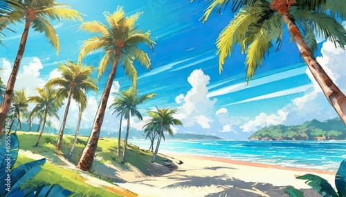 a wonderful beach scene at day with a lot of palms anime manga style generative ai technology