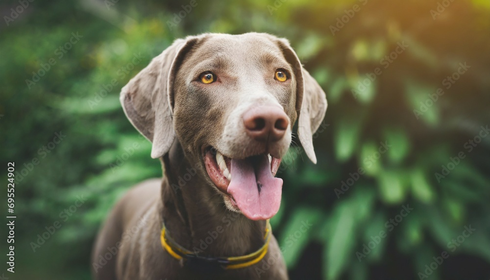 cute playful doggy or pet is playing and looking happy on background brown weimaraner young dog is posing cute happy crazy dog headshot smiling on
