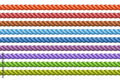 Vector Seamless Rope Set, group of illustration horizontal decorative multicolored long ropes, collection of many variety repeating plastic ropes on white background