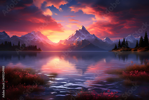 Sunset Transforms Tranquil Lake with Mountains into a Dreamscape