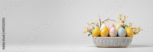 Painted easter eggs closeup inside a basket with copy space on a white background