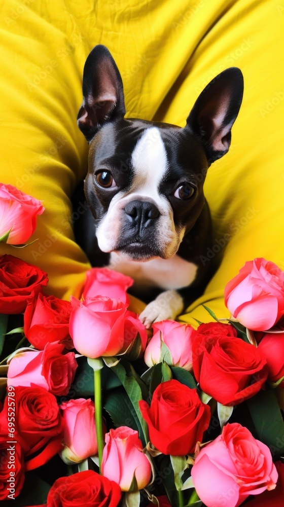 St. Valentine's Day vertical greeting card with cute and adorable Boston terrier lying on sofa with flowers and beautiful decorative elements.