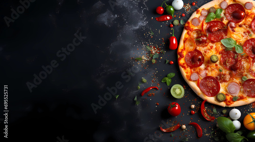 Fresh pizza pepperoni margarita out of the oven with ingredients and spices hot ready to serve and eat food commercial advertisement menu banner with copy space area - Generated by Generative AI photo