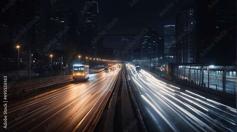 Modern highway in the city at night moving cars with motion blur