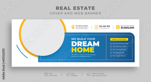 Real estate home sale or Construction renovation handyman Facebook cover for Realtor House rent repair, Editable multipurpose Web banner for Interior Furniture Office sale, Social media cover template