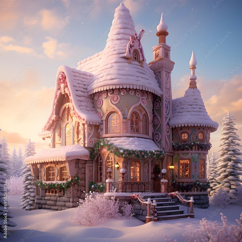 Fairy-tale house in the winter forest at sunset. 3D rendering