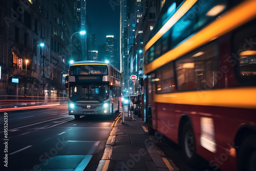 Bus on the street at night in New York City, Toned image, motion blur